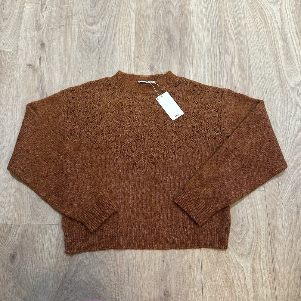 NWT MNG Mango Open Work-Detail Sweater Women's Sz M Rust Cottagecore Boho Fall - Picture 2 of 8